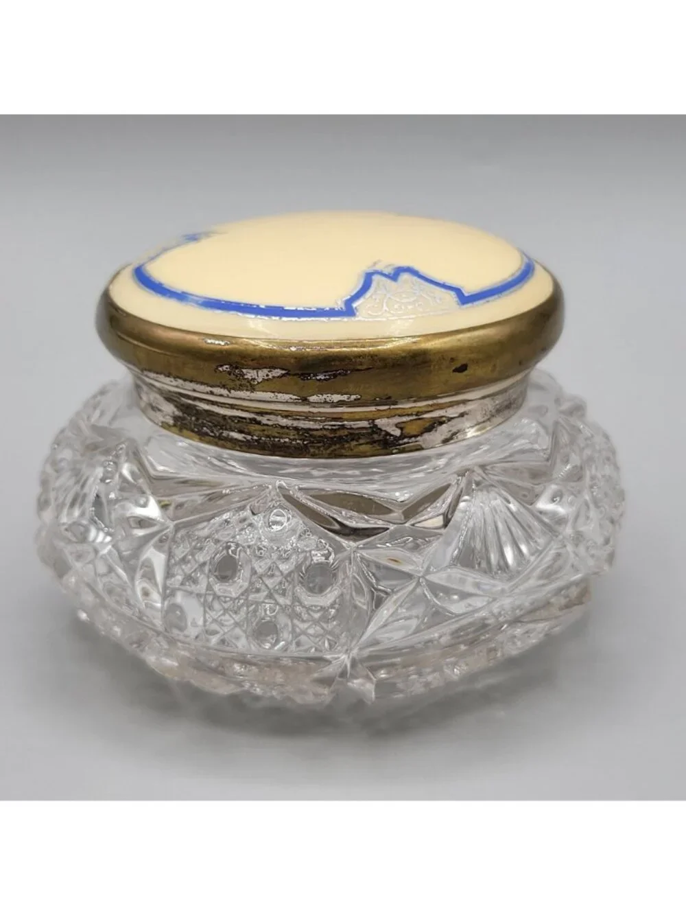 Vanity Jar Art Deco EAPG Clear Glass Celluloid Metal Lid Victorian Dresser Jar